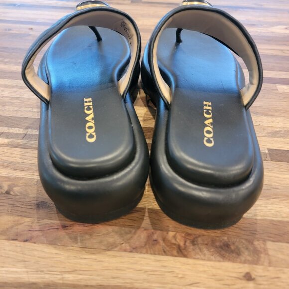 Coach Sylvie Black Leather Logo Platform Thong Sandal - Picture 7 of 13
